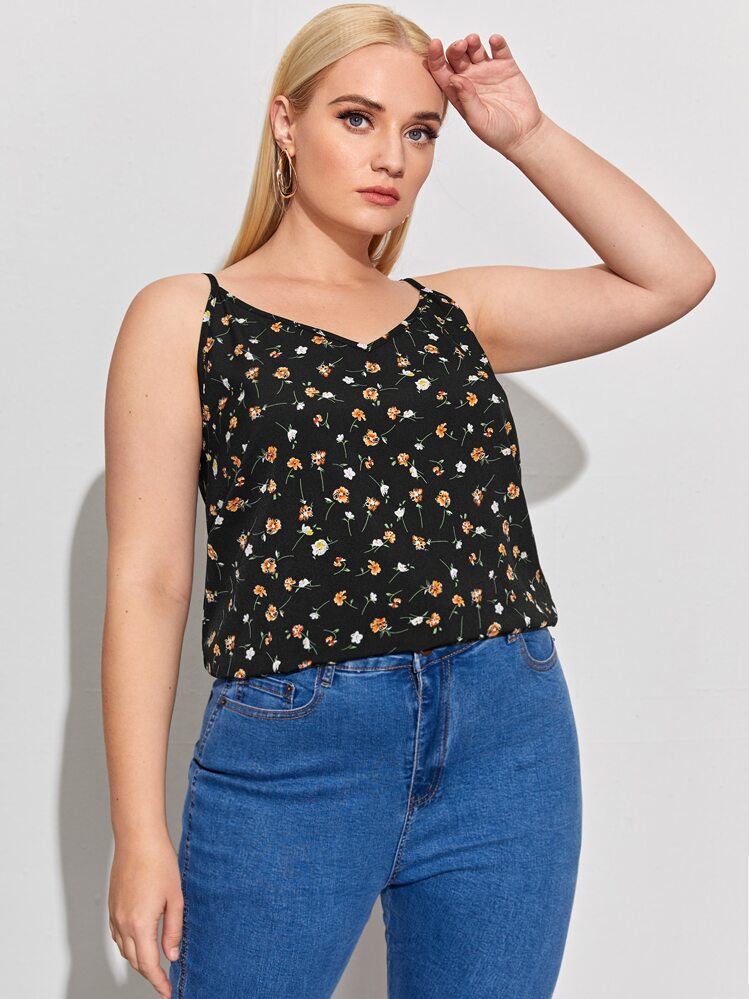 SHEIN VCAY Plus Floral Print Cami Top - Black - View 1