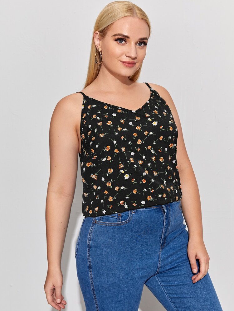 SHEIN VCAY Plus Floral Print Cami Top - Black - View 5
