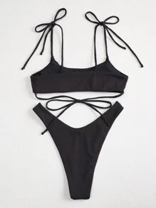 Summer Rib Tie Shoulder High Cut Bikini Set - Black - View 2