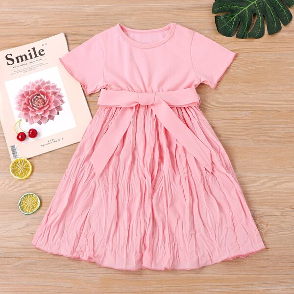 

Toddler Girls Textured Hem A-line Dress, Baby pink
