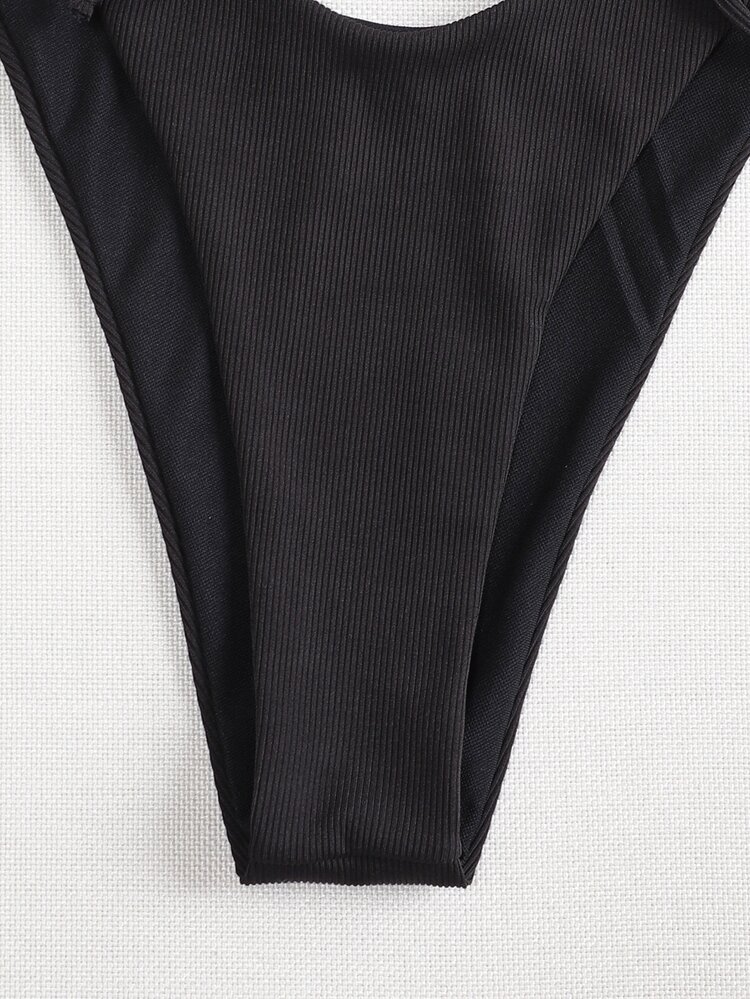 Summer Rib Tie Shoulder High Cut Bikini Set - Black - View 3