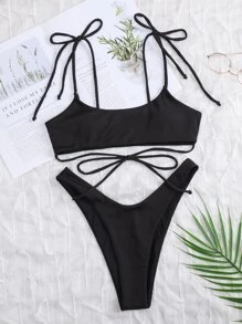 Summer Rib Tie Shoulder High Cut Bikini Set - Black - View 4