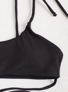 Summer Rib Tie Shoulder High Cut Bikini Set - Black - View 5