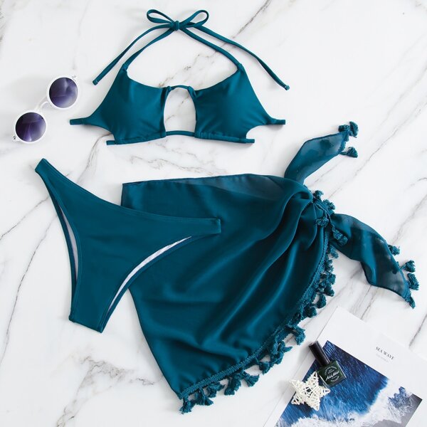 

Cut-out Bikini Swimsuit With Tassel Trim Cover Up, Teal blue