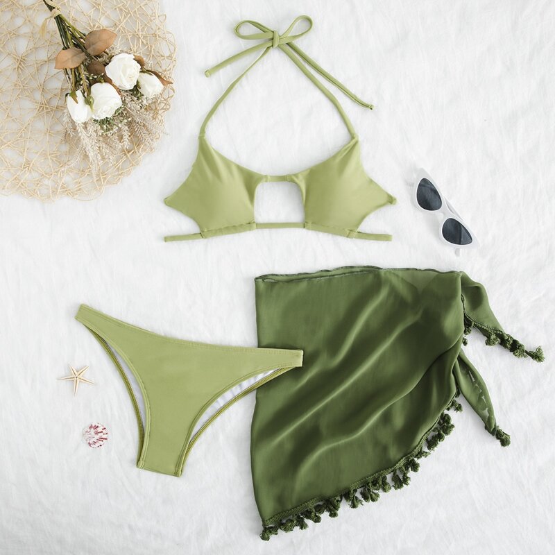 

Cut-out Bikini Swimsuit With Tassel Trim Cover Up, Olive green