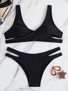 Cut-Out Side Bikini Set For Summer Beach Vacation - Black - View 1