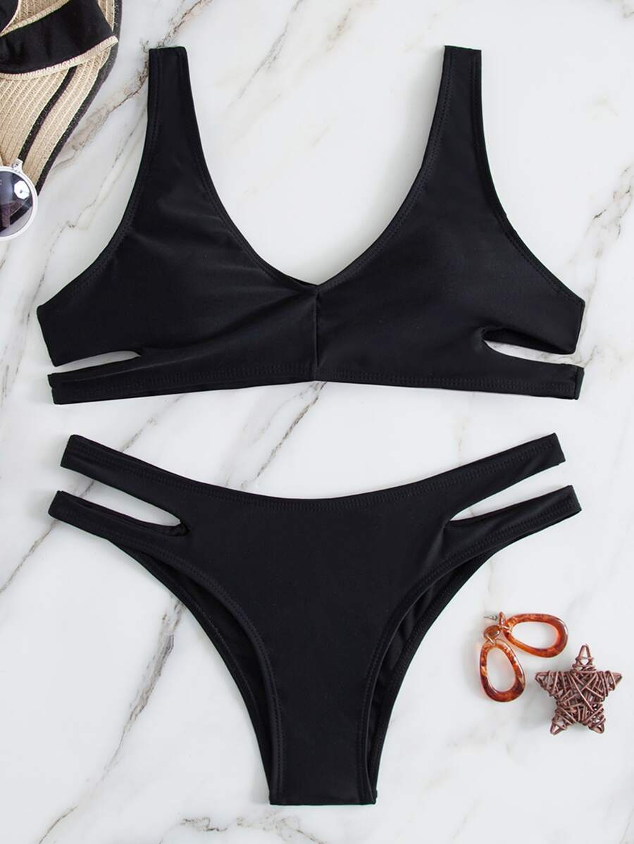 Cut-Out Side Bikini Set For Summer Beach Vacation - Black - View 1