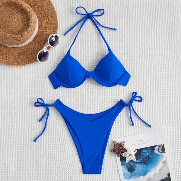 

Underwire Halter Tie Side Bikini Swimsuit, Royal blue