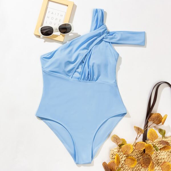 

Cut-out One Shoulder One Piece Swimsuit, Blue