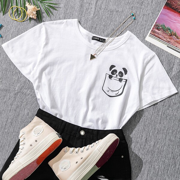 

Cartoon Panda Print Tee, White