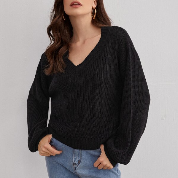 

Drop Shoulder Rib-knit Solid Sweater, Black