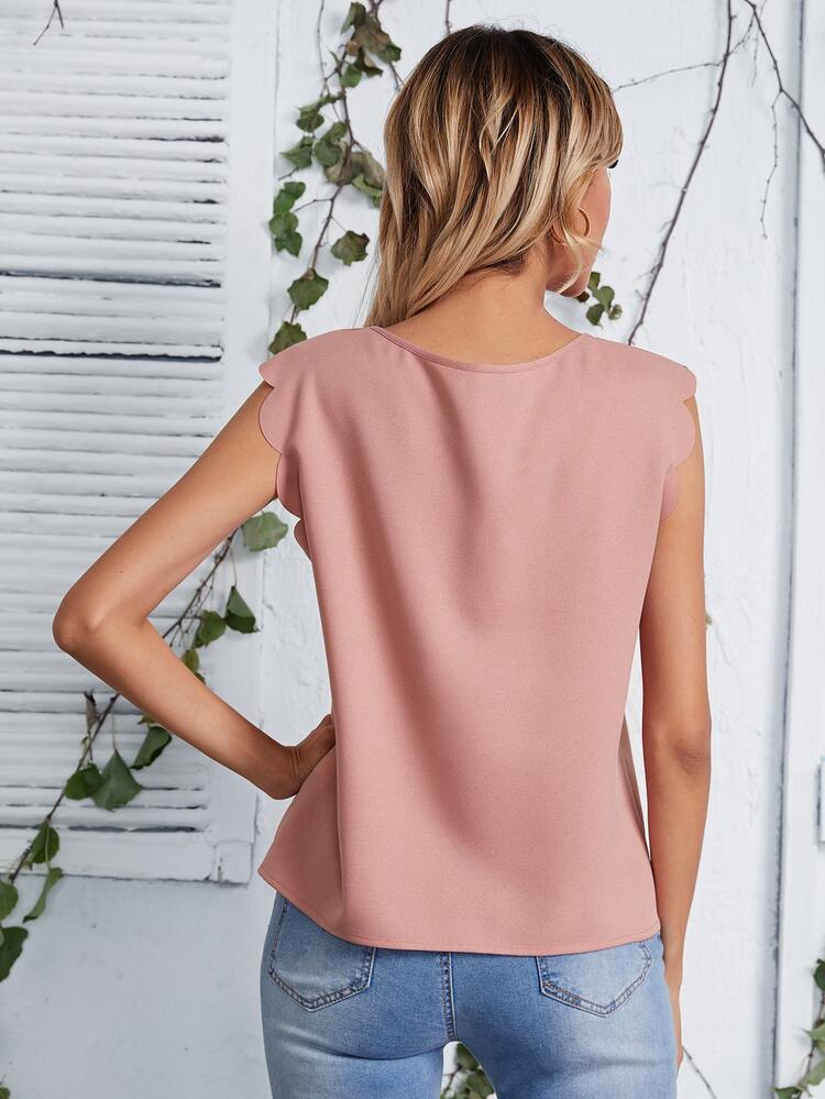 SHEIN Clasi Notched Neck Scallop Trim Top - Dusty Pink - View 2