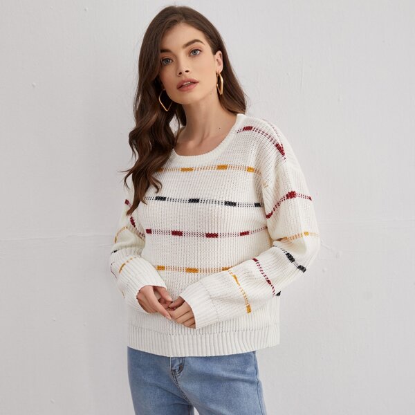 

Drop Shoulder Striped Sweater, White