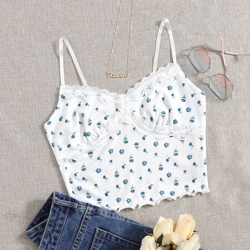 

Lace Trim Lettuce Trim Ditsy Floral Cami Top, White