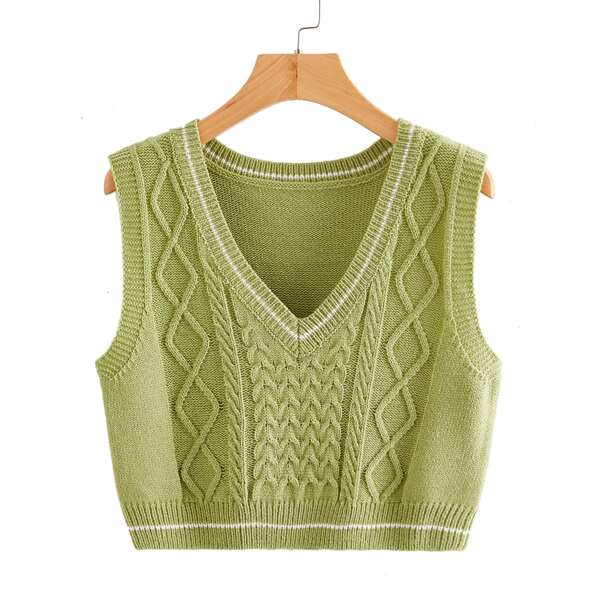 

V-neck Cable Knit Sweater Vest, Lime green