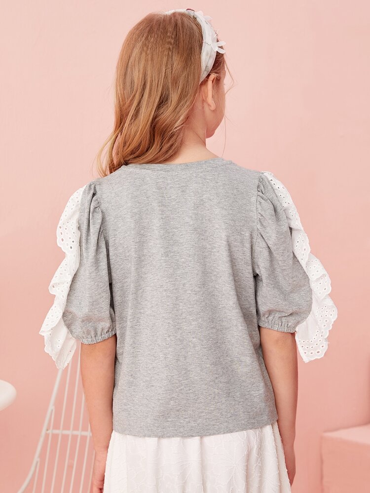 SHEIN 女孩1入組網眼刺繡荷葉邊印花上衣 - 淺灰色 - 查看 2