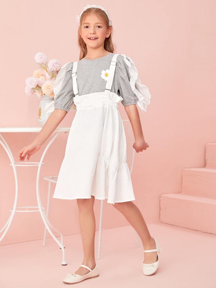 SHEIN 女孩1入組網眼刺繡荷葉邊印花上衣 - 淺灰色 - 查看 1