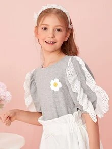 SHEIN Girls 1PC Schiffy Ruffle Trim Floral Print Top - Light Grey - View 4