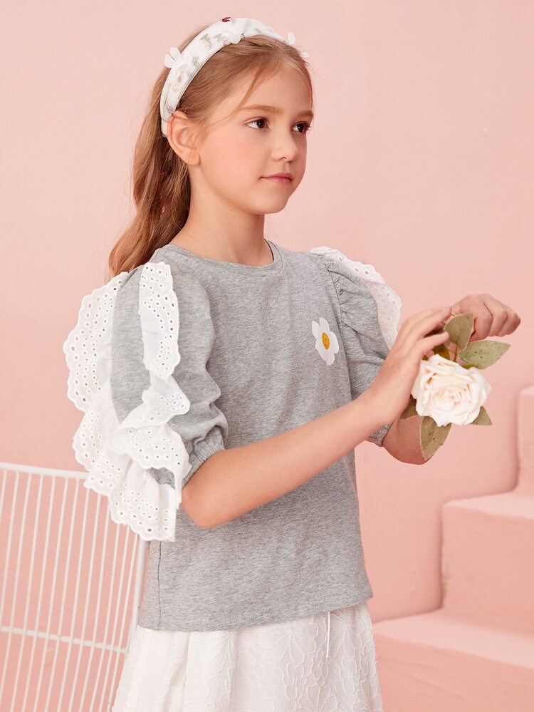 SHEIN 女孩1入組網眼刺繡荷葉邊印花上衣 - 淺灰色 - 查看 5