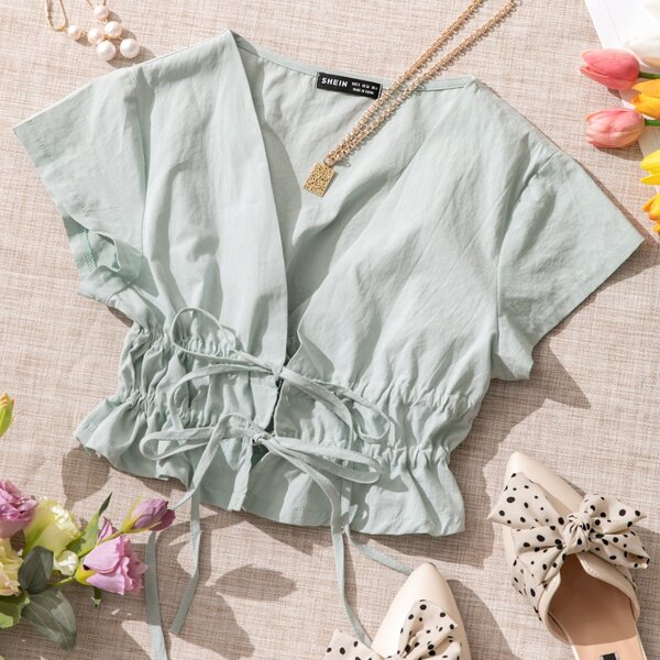 

Drawstring Front Top, Mint green