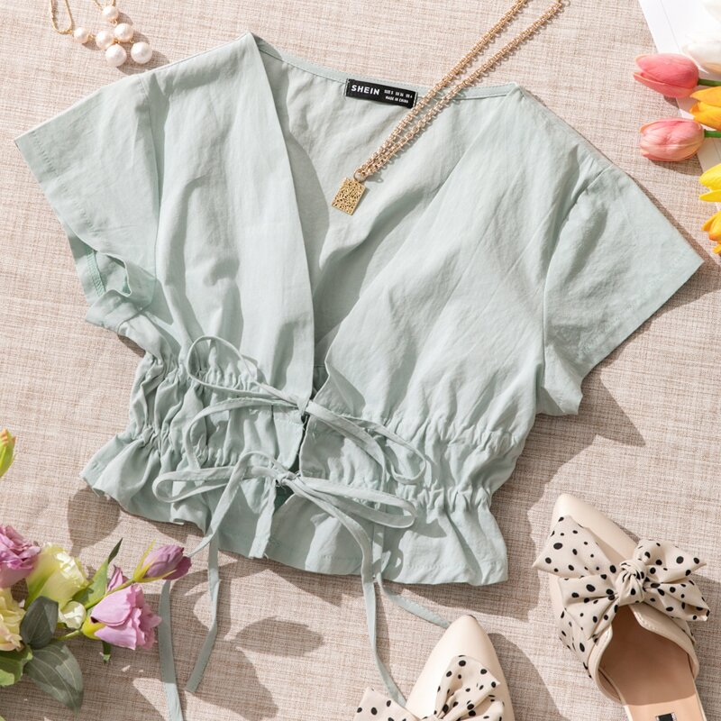 

Drawstring Front Top, Mint green