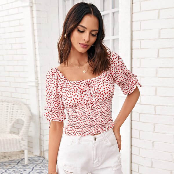 

Knot Front Shirred Hem Ditsy Floral Blouse, Red and white
