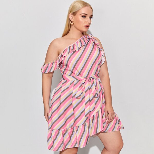 

Plus Ruffle Trim Wrap Hem Belted Striped Dress, Multicolor