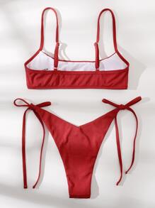 Rib Tie Side Bikini Set For Summer Beach Vacation - Red - View 2