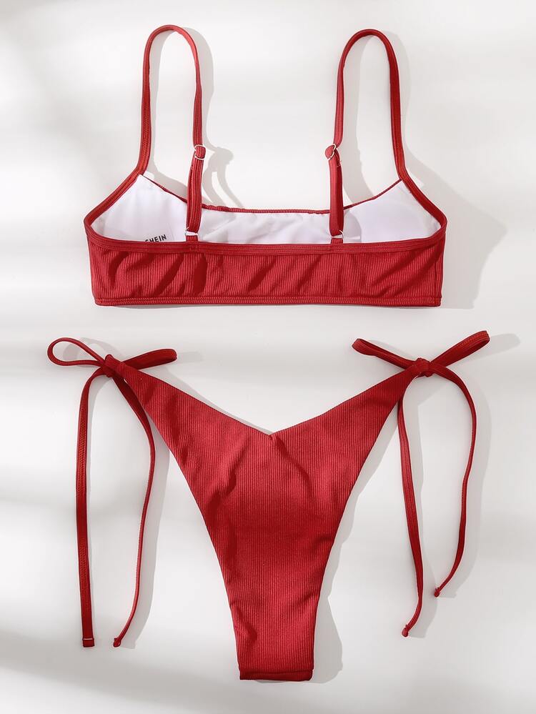 Rib Tie Side Bikini Set For Summer Beach Vacation - Red - View 2