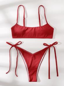 Rib Tie Side Bikini Set For Summer Beach Vacation - Red - View 3