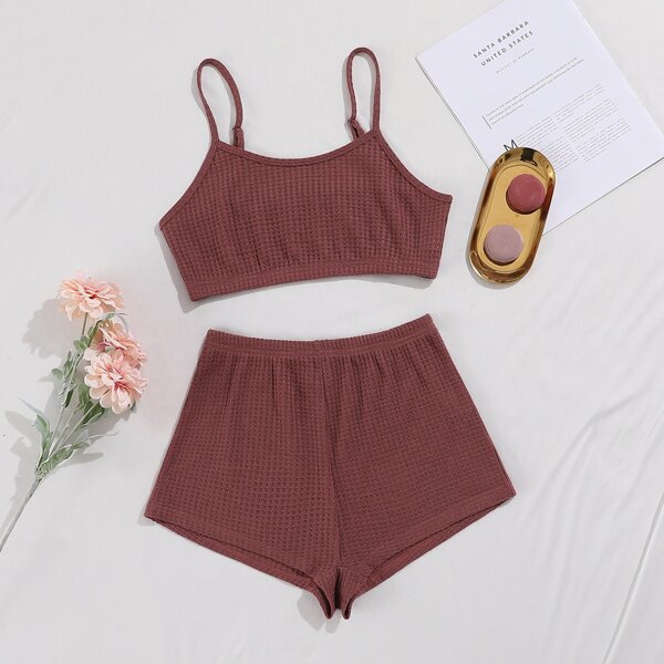 

Waffle Knit Solid Cami Lounge Set, Redwood