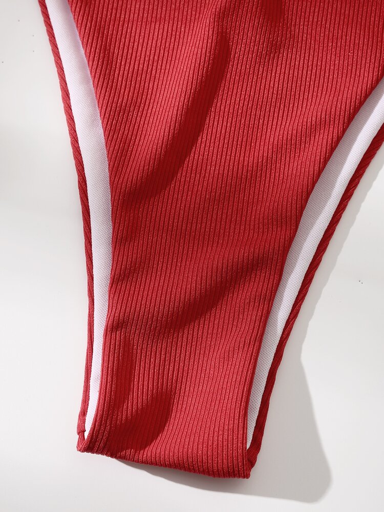 Rib Tie Side Bikini Set For Summer Beach Vacation - Red - View 5