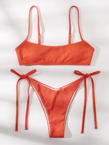 Rib Tie Side Bikini Set For Summer Beach Vacation - Orange - View 3