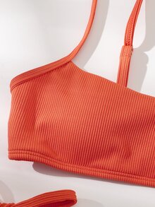 Rib Tie Side Bikini Set For Summer Beach Vacation - Orange - View 4