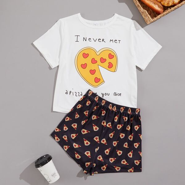 

Pizza & Slogan Graphic PJ Set, Black and white