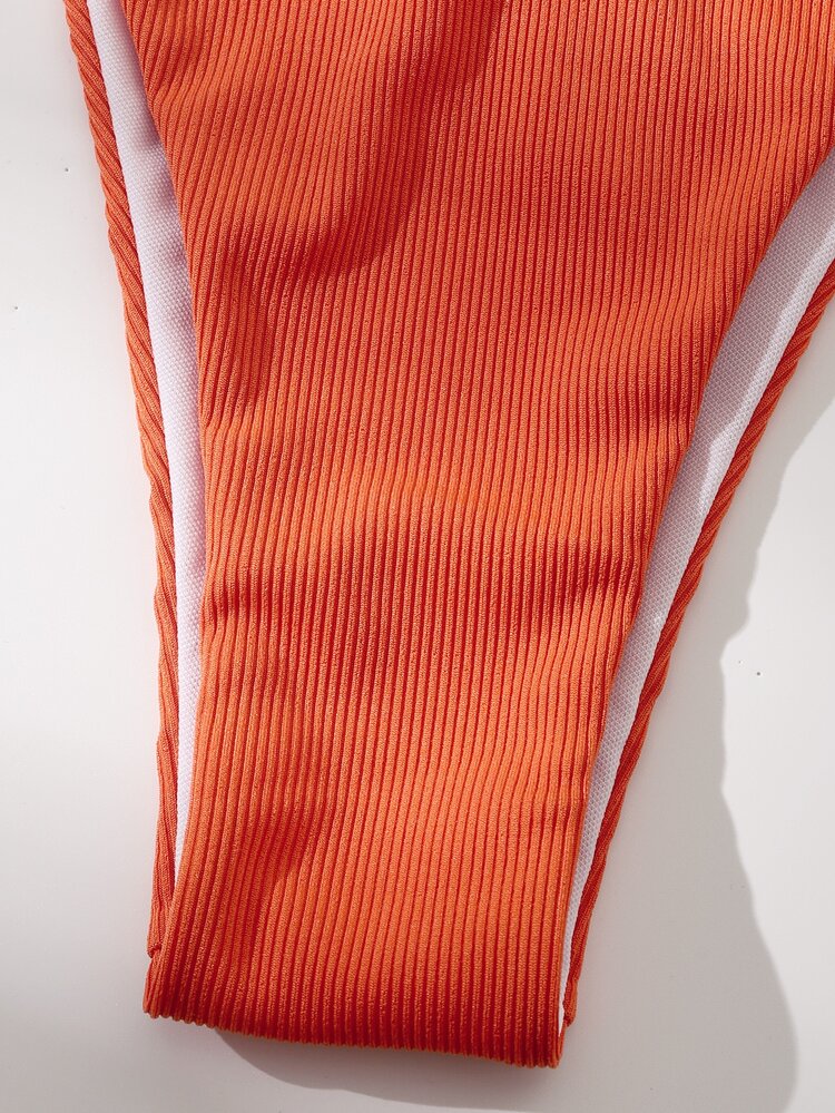 Rib Tie Side Bikini Set For Summer Beach Vacation - Orange - View 5