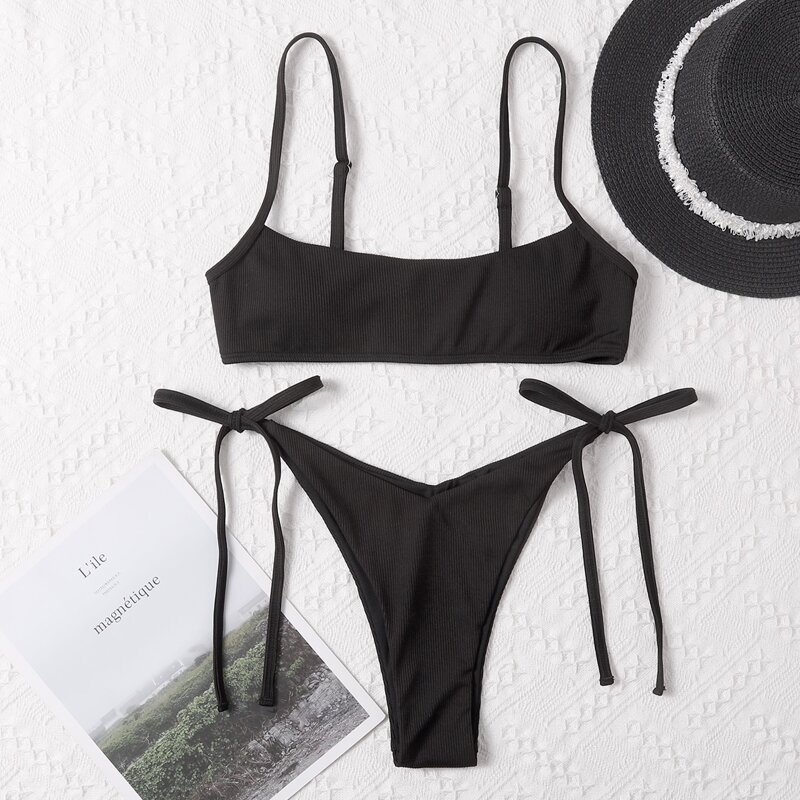 

Rib Tie Side Bikini Swimsuit, Black