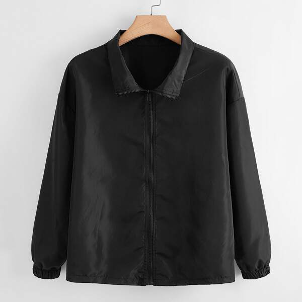 

Plus Solid Zip Up Windbreaker Jacket, Black