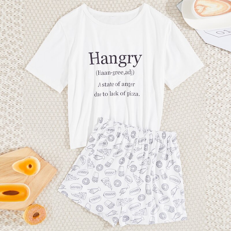 

Slogan & Cartoon Graphic Pajama Set, White