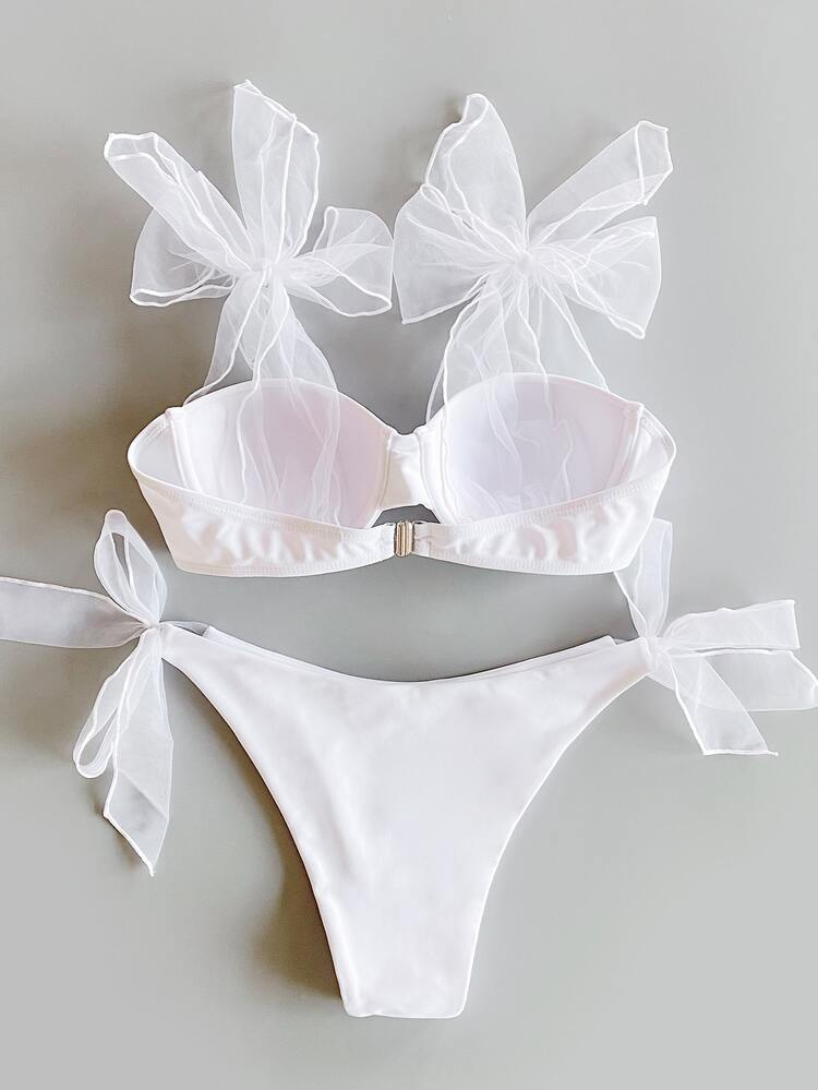 Mesh Self Tie Underwire Bikini Set, For Summer Beach Vacation - White - View 2
