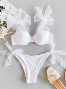 Mesh Self Tie Underwire Bikini Set, For Summer Beach Vacation