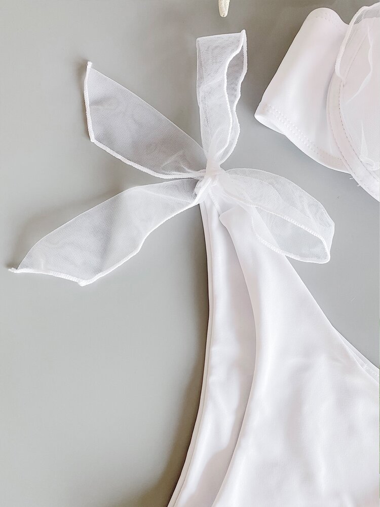 Mesh Self Tie Underwire Bikini Set, For Summer Beach Vacation - White - View 4