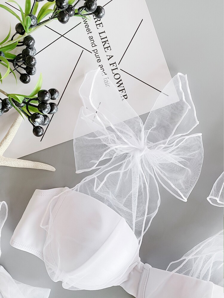 Mesh Self Tie Underwire Bikini Set, For Summer Beach Vacation - White - View 5