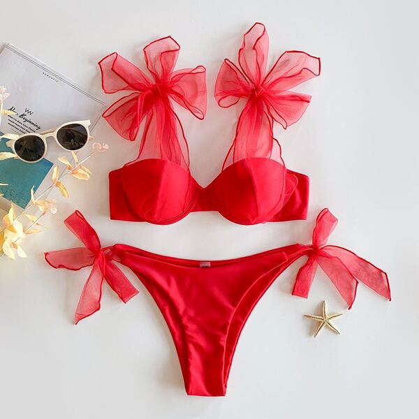 

Mesh Self Tie Underwire Bikini Swimsuit, Red