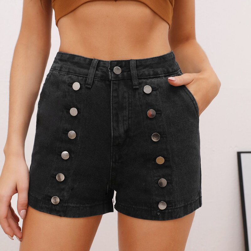 

Slant Pocket Button Detail Denim Shorts, Black
