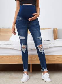 SHEIN Maternity High Waist Ripped Detail Skinny Jeans - Dark Wash - View 1