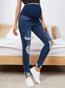 SHEIN Maternity High Waist Ripped Detail Skinny Jeans - Dark Wash - View 3
