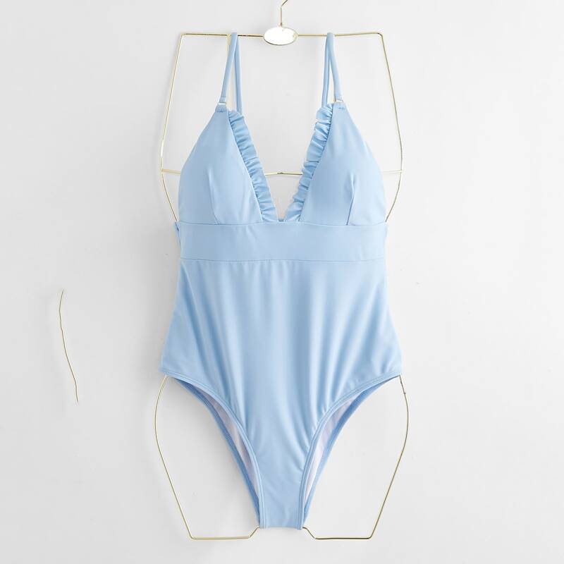 

Solid Frill One Piece Swimsuit, Baby blue