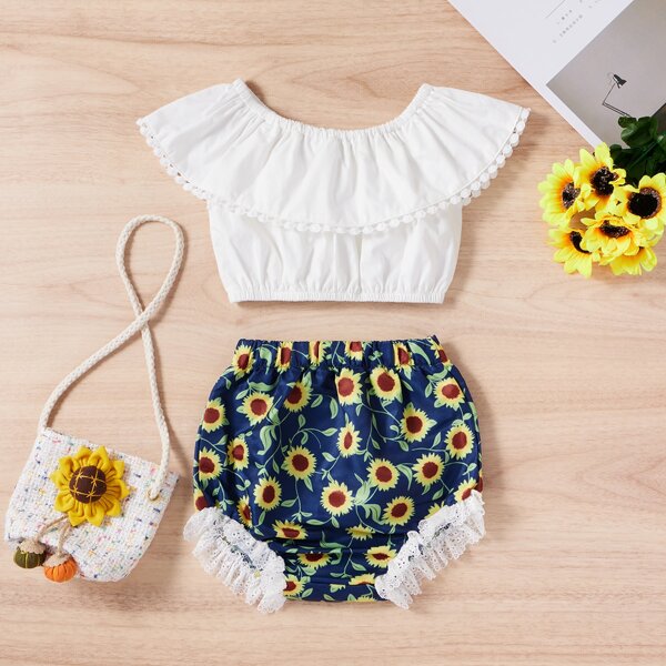 

Baby Girl Crop Top & Sunflower Print Lace Trim Shorts, Multicolor
