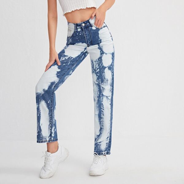 

Bleach Wash Straight Leg Jeans, Light wash